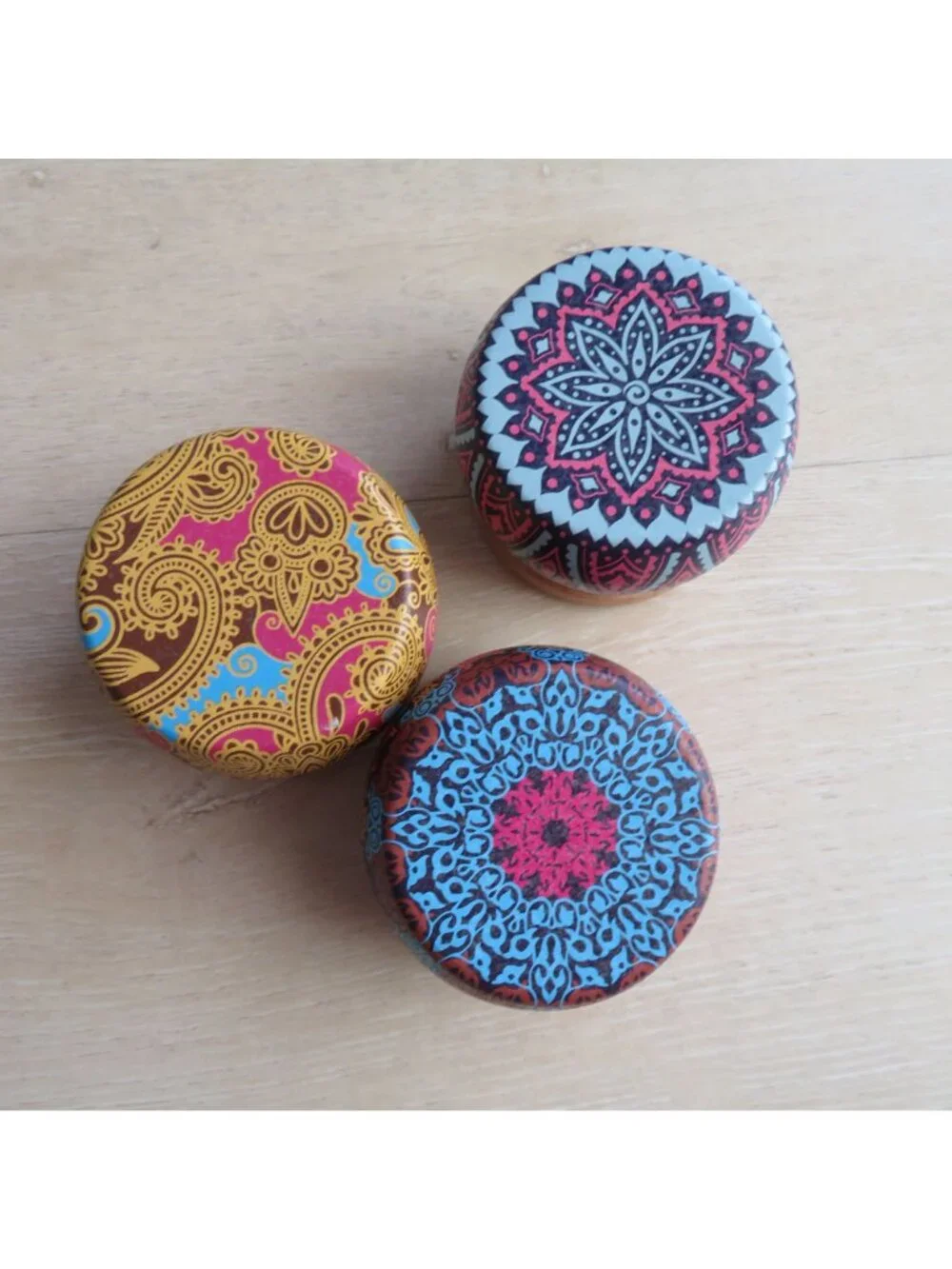 Set of 3 Small Mandala Patterned EMPTY Metal Storage Tins with Lids - 2